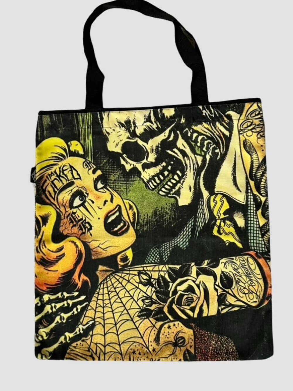 Liquorbrand Skull Tattooed Pin Up Lady Comic Print Zipper Tote Bag Punk Goth Alt